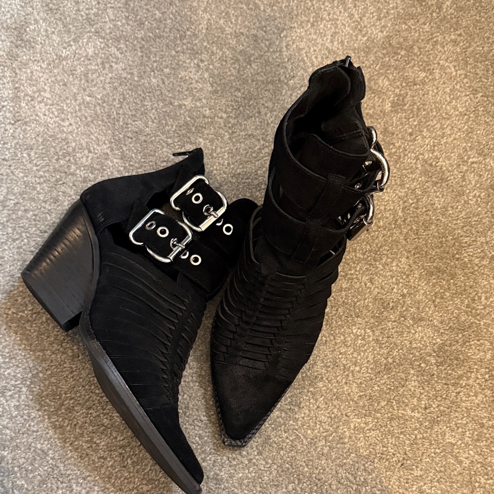 Jeffrey Campbell Black Heeled Boots with Buckle Accents